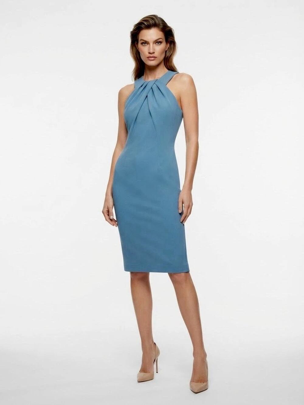 Blue Calvin Klein Sleeveless Halter Neck Sheath Dress. Size 4